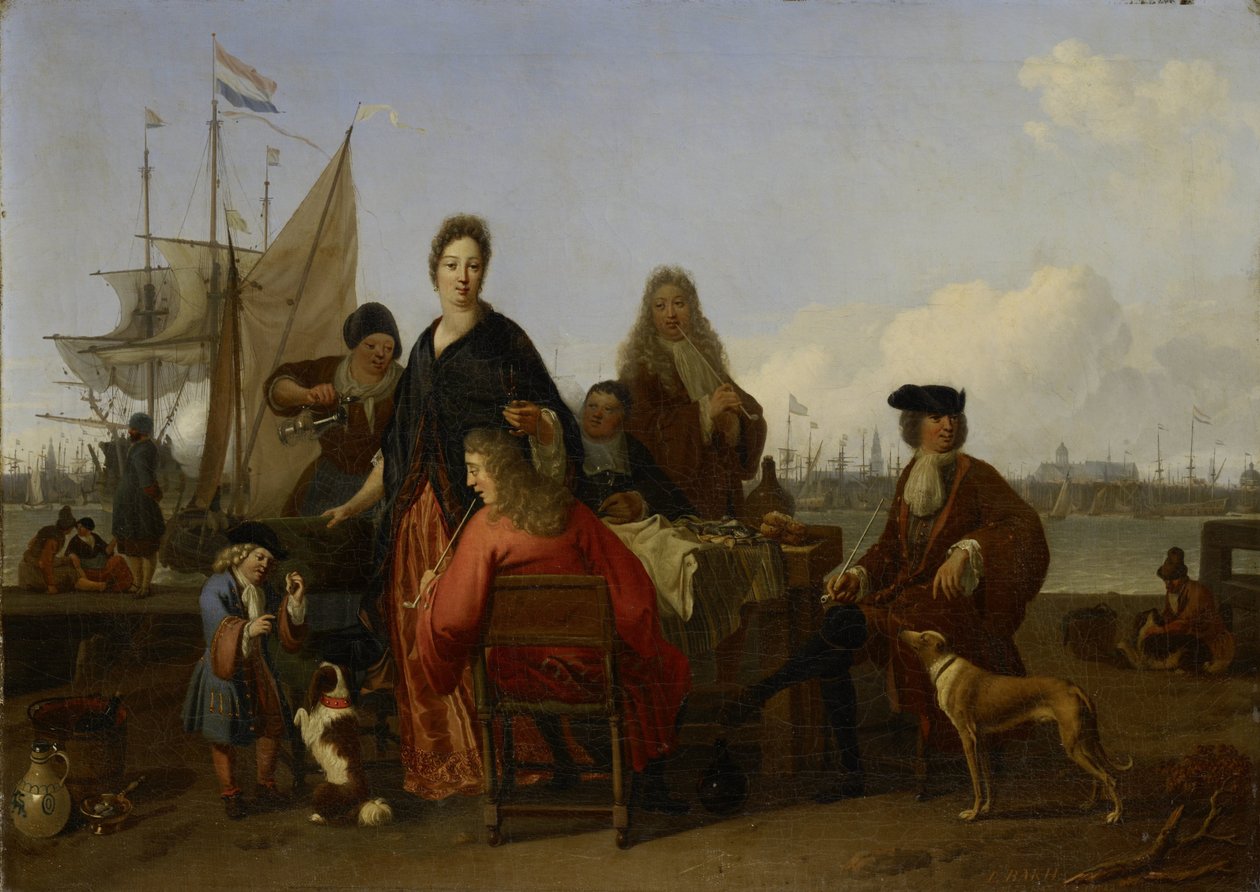 Rodiny Bakhuysen a de Hooghe stolují v Mosselsteiger (Mussel Pier) na Y, Amsterdam od Ludolf Bakhuysen (signed by artist)