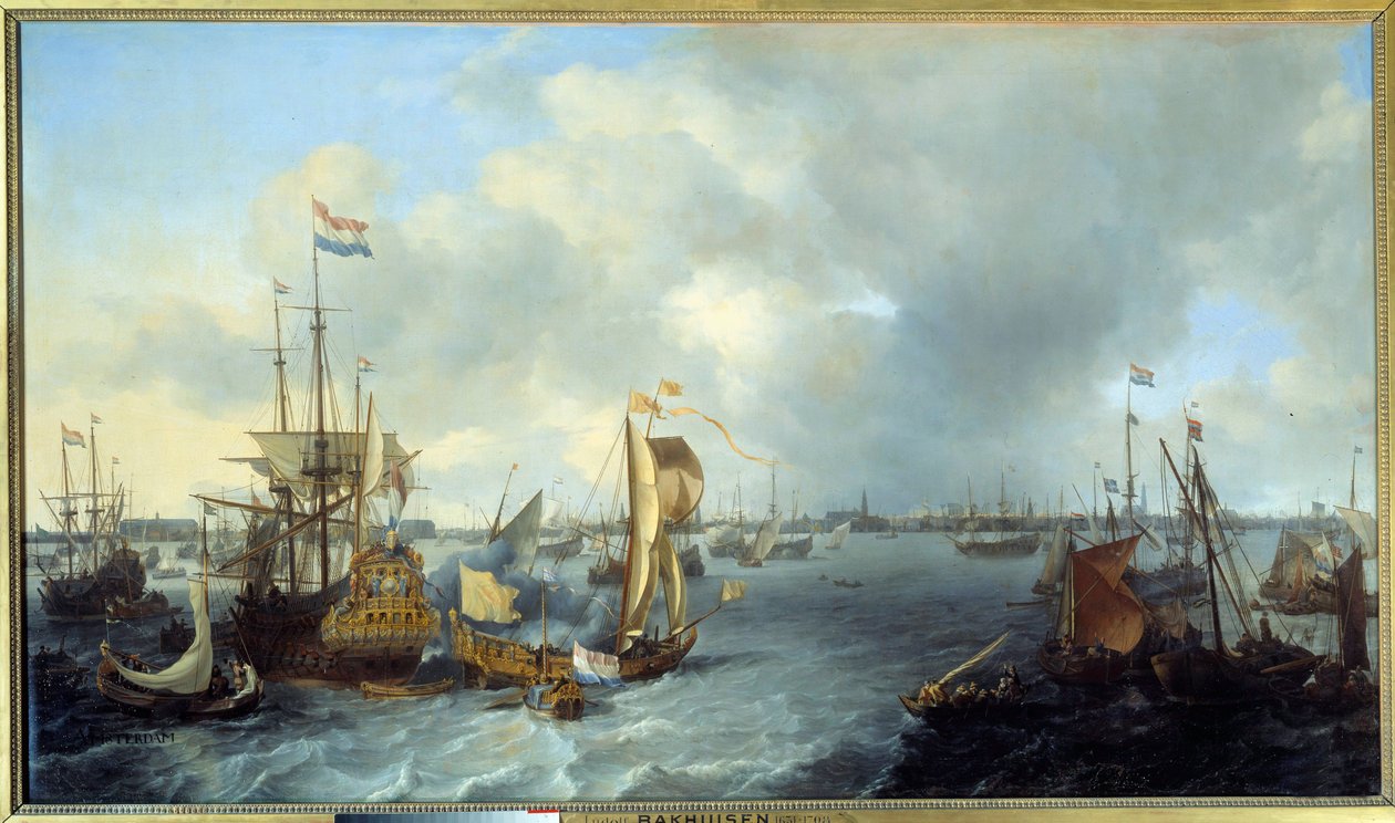 Pohled na amsterdamský přístav z obrazu Ij od Ludolfa Backhuyzena (1631-1708) 1666 ne. 1,28x2,21m od Ludolf I Backhuyzen