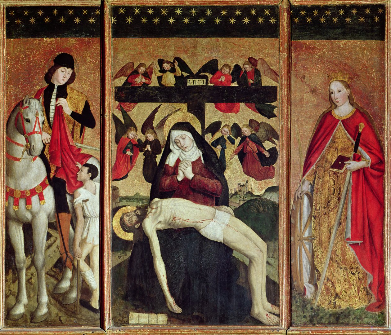 Triptych zobrazující Pietu mezi sv. Martinem a svatou Kateřinou, 1475 od Ludovico Brea