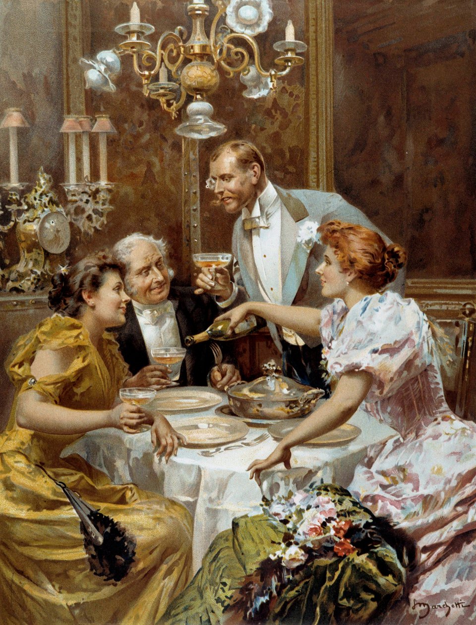 Krásný čas: ""skvělá večeře""" Dva páry v soukromém salonku pijí šampaňské. Ilustrace Ludovico Marchetti (1853-1909) 1893 Soukromá sbírka od Ludovico Marchetti
