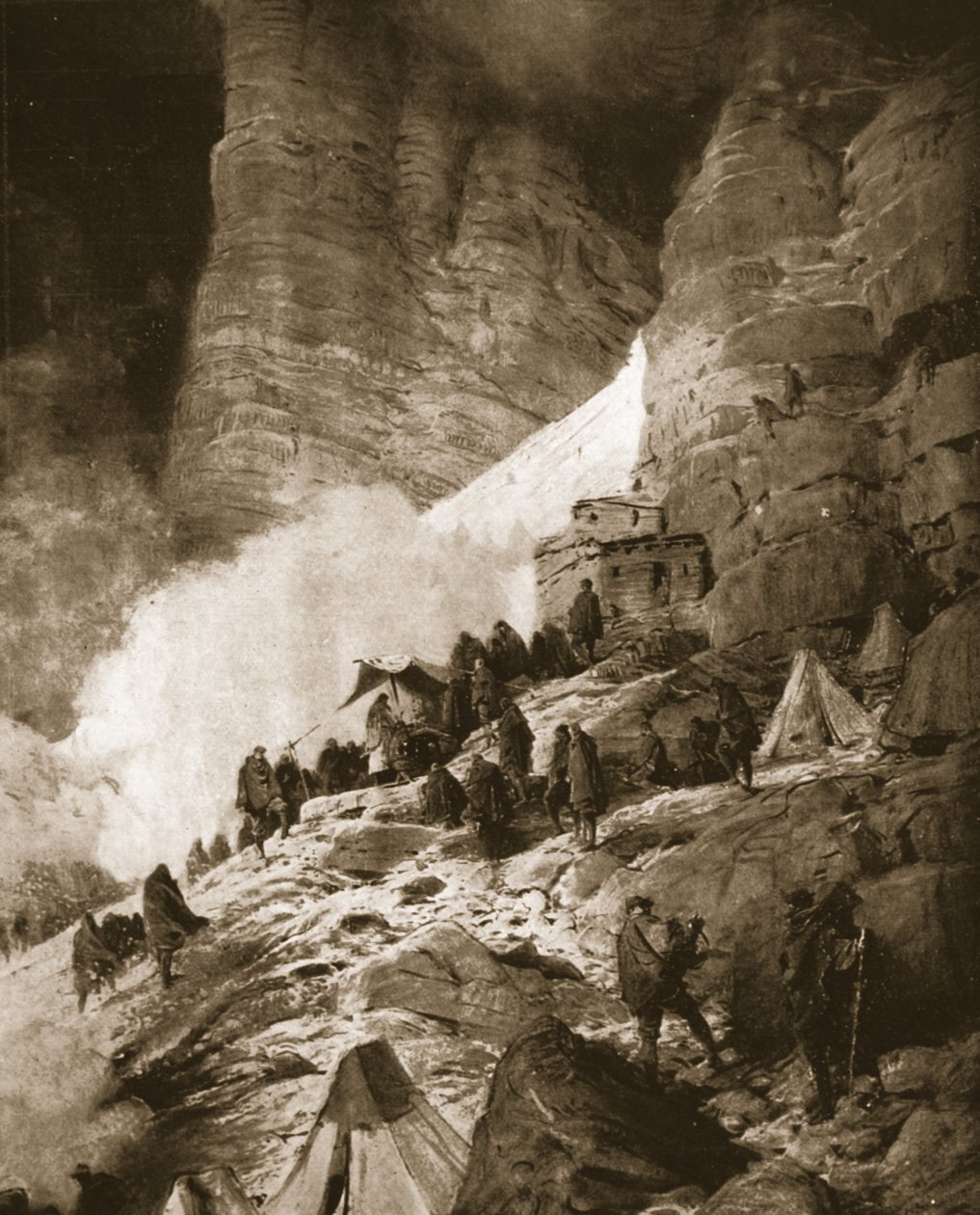 Italská alpská válka s Rakouskem: mše se slaví na úbočí hory, z „The Illustrated War News“, 21. června 1916 (litho) od Ludovico Pogliaghi
