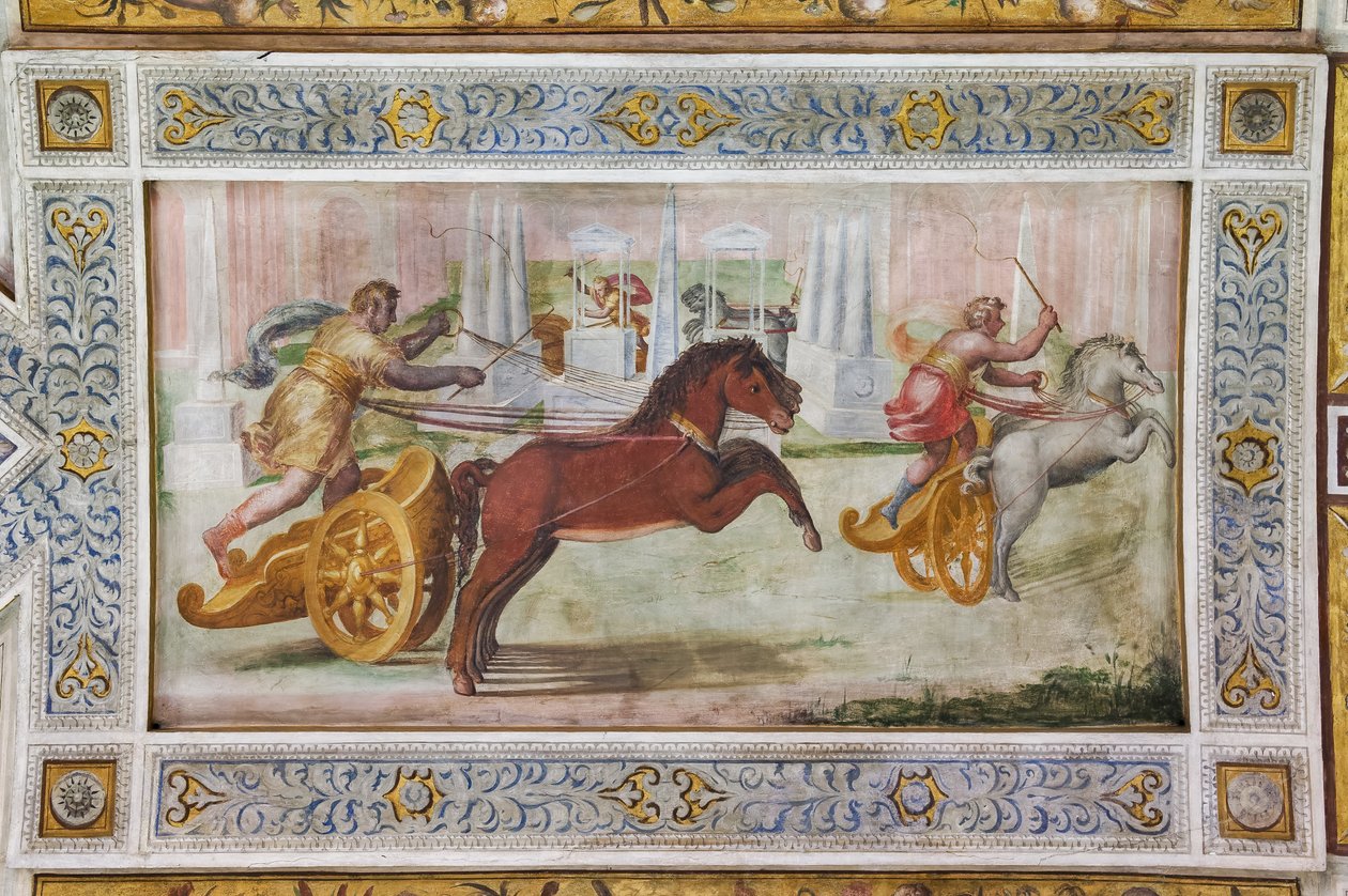 Závod kvadrigy, detail stropu Síně her (freska) od Ludovico Settevecchi