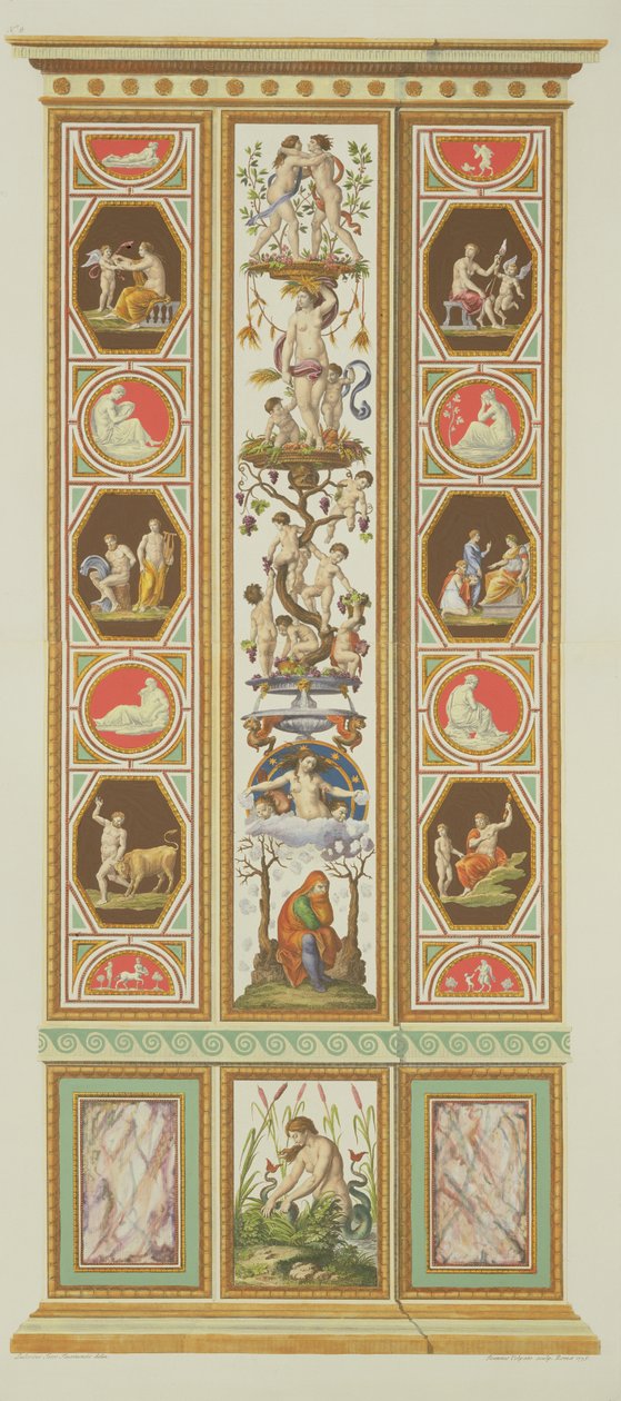 Panel z Raphael Loggia ve Vatikánu, z „Delle Loggie di Rafaele nel Vaticano“, rytý Giovanni Volpato (1735-1803), 1775, publikováno kolem 1777-77 (ručně kolorovaná rytina) (viz také 17646 od Ludovicus Tesio Taurinensis