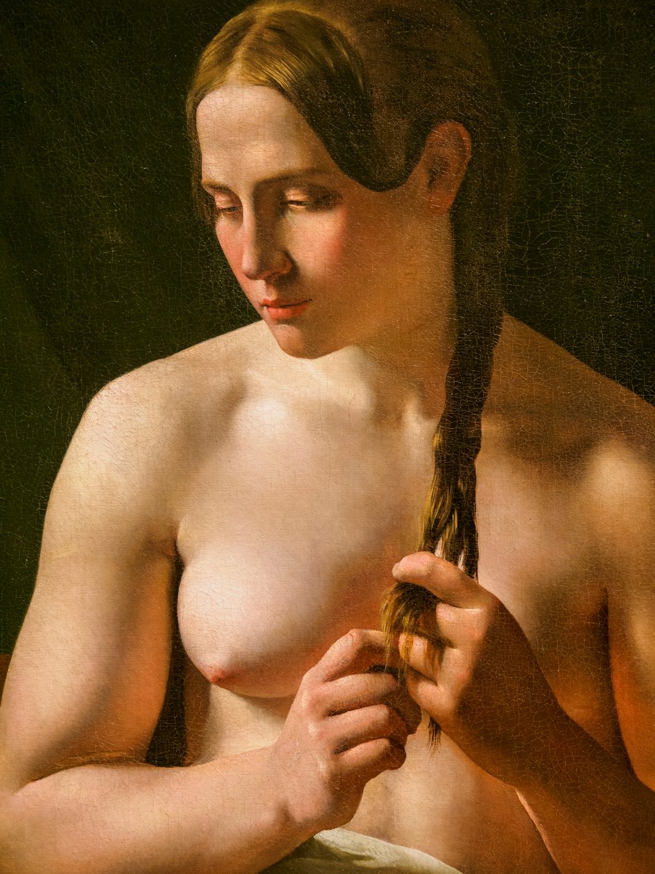 Žena si plisuje vlasy, detail od Ludvig August Smith