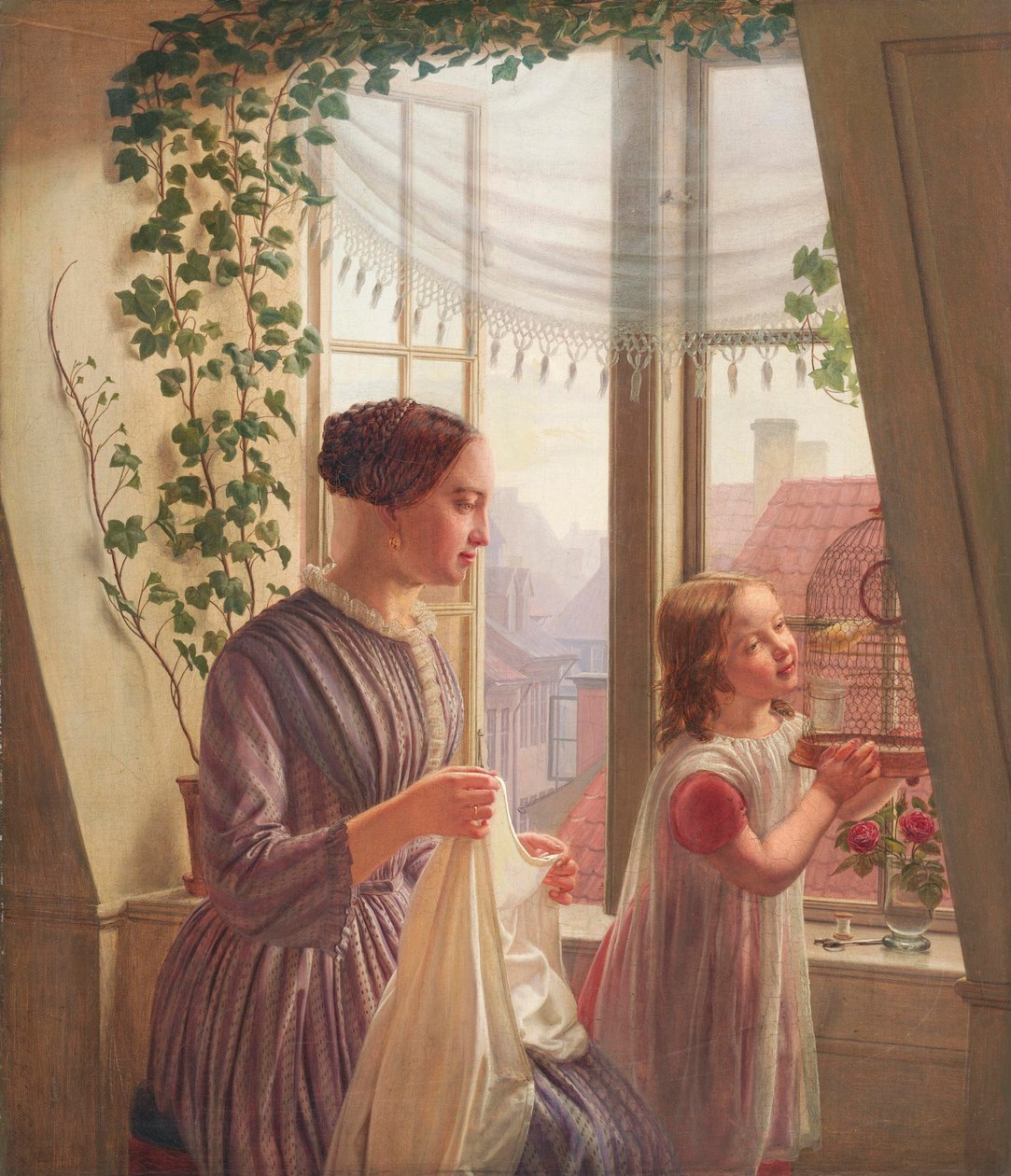 Interiér s matkou a dcerou u okna, 1853 od Ludvig August Smith