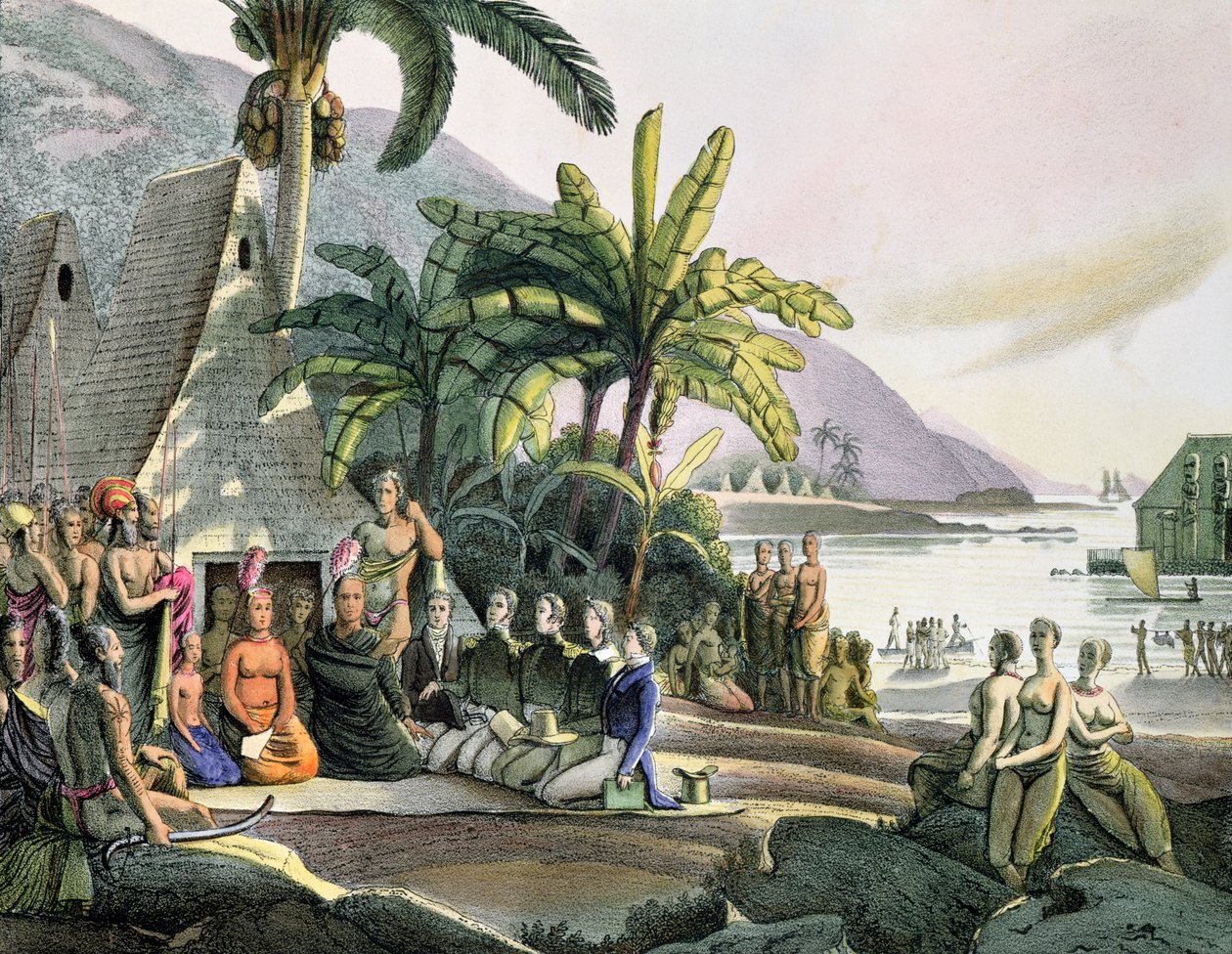 Setkání mezi expediční stranou Otto von Kotzebue (1788-1846) a králem Kamehamehou I. (174052-1819) Ostrov Ovayhi od Ludwig Choris