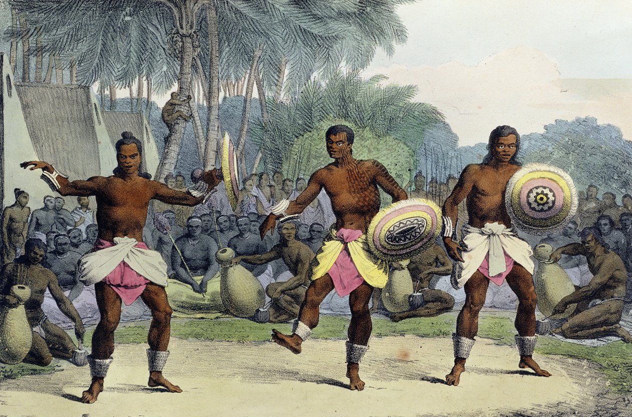 Domorodci ze Sandwichových ostrovů tančí, z knihy "Voyage Pittoresque Autour du Monde", vyryl Jean Augustin Franquelin (1798-1839), vydáno 1822. od Ludwig Choris