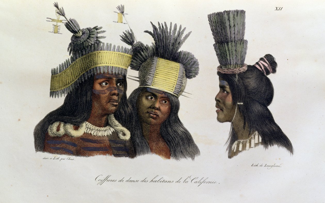 Rituální pokrývky hlavy, které nosili domorodci z Kalifornie, z „Voyage Pittoresque Autour du Monde“, vydané v roce 1822 od Ludwig Choris