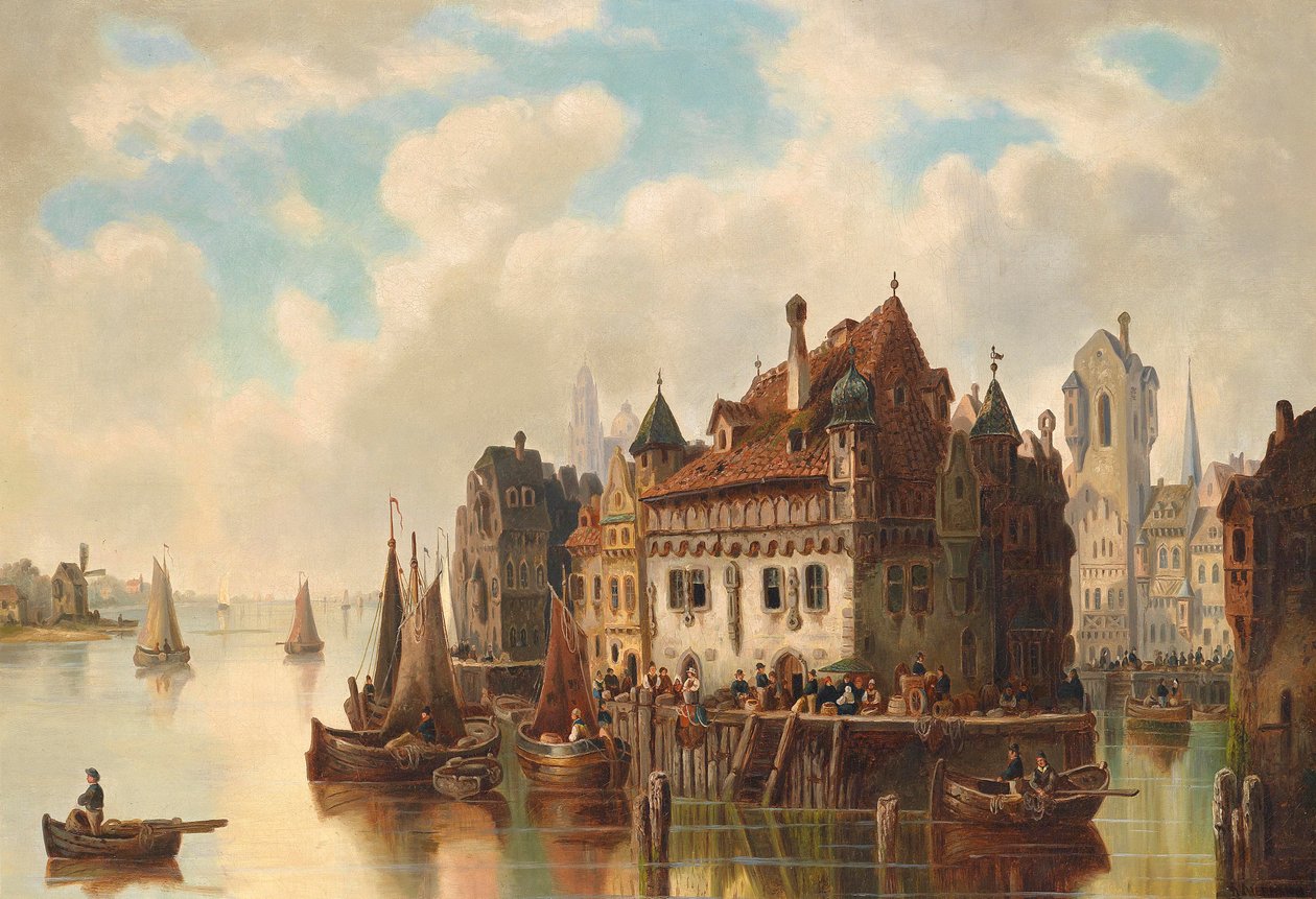 Fantasy pohled na město na řece od Ludwig Hermann