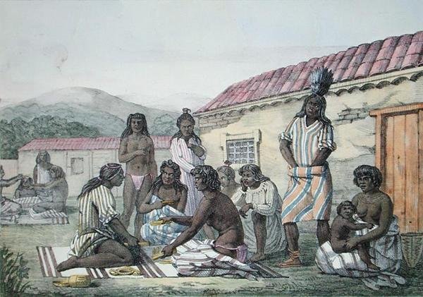 Hra, kterou hrají domorodci z Kalifornie, z „Voyage Pittoresque Autour du Monde“, vyrytá Jeanem Pierrem Norblinem (1745–1830) vydaná v roce 1822 (barevně lito) od Ludwig Choris