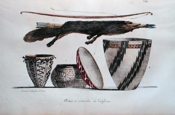 Arms and Utensils z Kalifornie, z „Voyage Pittoresque Autour du Monde“, vydané 1822 (barevné lito) od Ludwig Choris