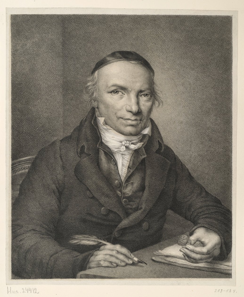 Johann Joachim Bellermann, poprsí u stolu, s pečetním prstenem v ruce od Ludwig Buchhorn