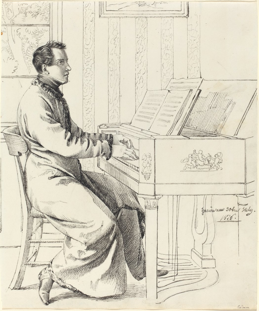 Grimm, Ludwig Emil   Němec, 1790-1863  Umělcův švagr, Ludwig Hassenpflug, Příprava hrát na klavír, 1826 (pero a černý inkoust přes grafit na tkaném papíře) od Ludwig Emil Grimm