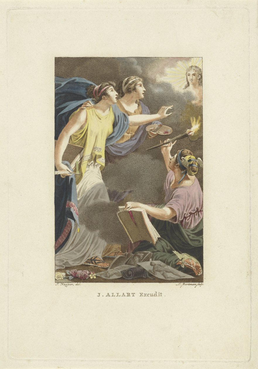 Alegorické znázornění s kresbou, psaním a malbou Titulní strana pro: M. Stuart, Muž, jak se objevuje na známé zeměkouli, 1802 od Ludwig Gottlieb Portman