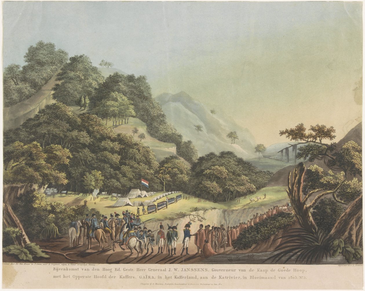 Setkání mezi generálním guvernérem Janssensem a vůdcem Xhosy Gaikou, 1803 Setkání Vysokého Ed. Gestr. Sir generál J.W. Janssens. Guvernér Mysu Dobré naděje s nejvyšší hlavou Kafirů. Gaika, v Kaffirland, na Katri od Ludwig Gottlieb Portman