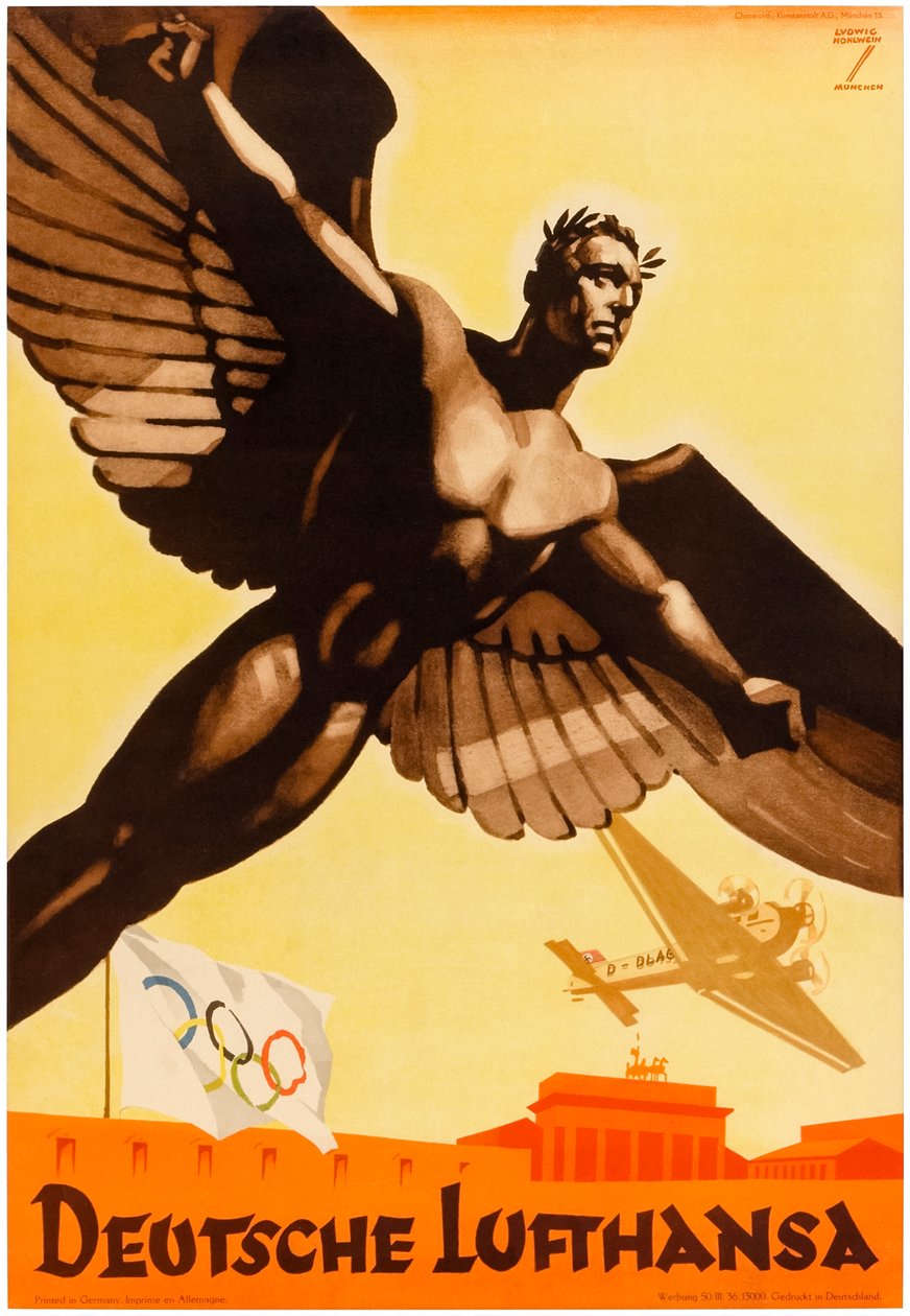 Deutsche Lufthansa, plakát německých aerolinek propagující olympijské hry 1936 v nacistickém Německu (plakát) od Ludwig Hohlwein