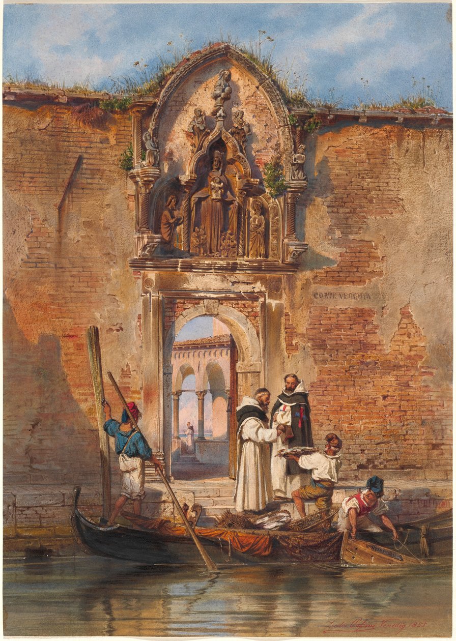 Mniši kupují ryby před portálem Madonna della Misericordia od Ludwig Johann Passini