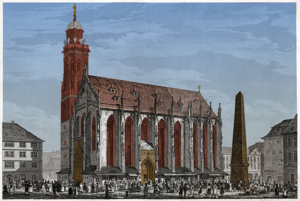 Kaple Panny Marie ve Würzburgu, před náměstím Marche a Obelisk, Německo. cca 1850 (rytina) od Ludwig Lange