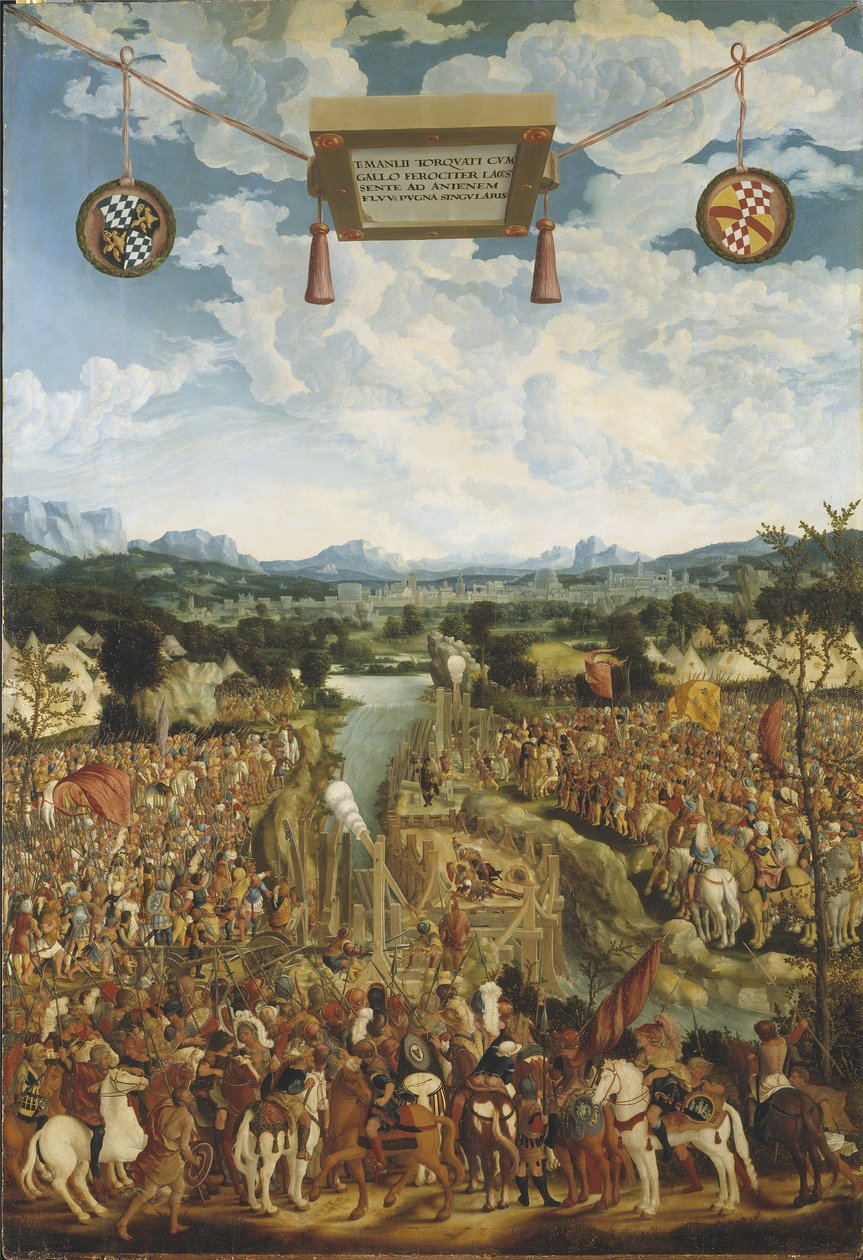 Titus Manlius Imperiosus Torquatus (4eme siècle avant JC) combat un gaulois - Manlius Torquatus Fighting a Gal, Refinger, Ludwig (asi 1510-1549). Olej na dřevě. Rozměr: 160 x 109 cm. Národní muzeum Stockholm od Ludwig Refinger