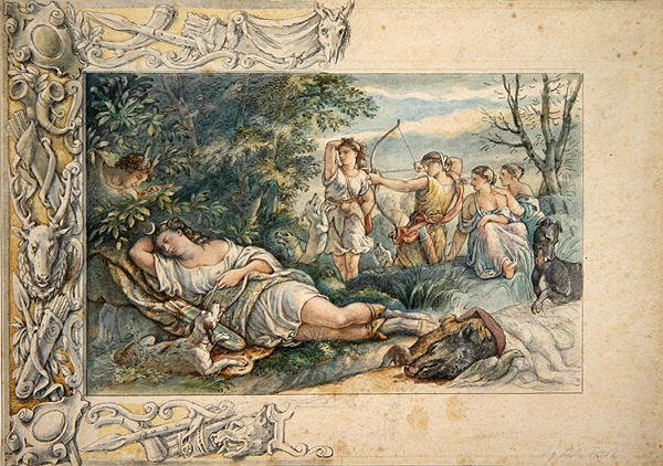 Spící Diana se společníky (akvarel přes grafit na papíře) od Ludwig Sigismund Ruhl