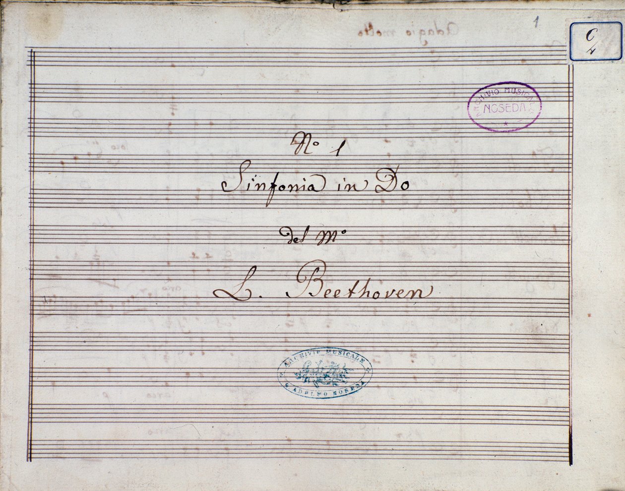 První strana notového záznamu k Symfonii č. 1 en C dur opus 21, Ludwig van Beethoven od Ludwig van Beethoven