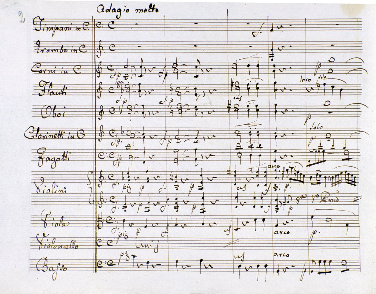 Notová stránka Symfonie č. 1 C dur od německého skladatele Ludwiga van Beethovena (1770-1827) (1799-1800) Milan Biblioteca del Conservatorio od Ludwig van Beethoven
