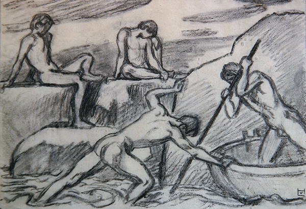 Nahý lodník a mladíci na zeleném břehu (grafit na papíře) od Ludwig von Hofmann