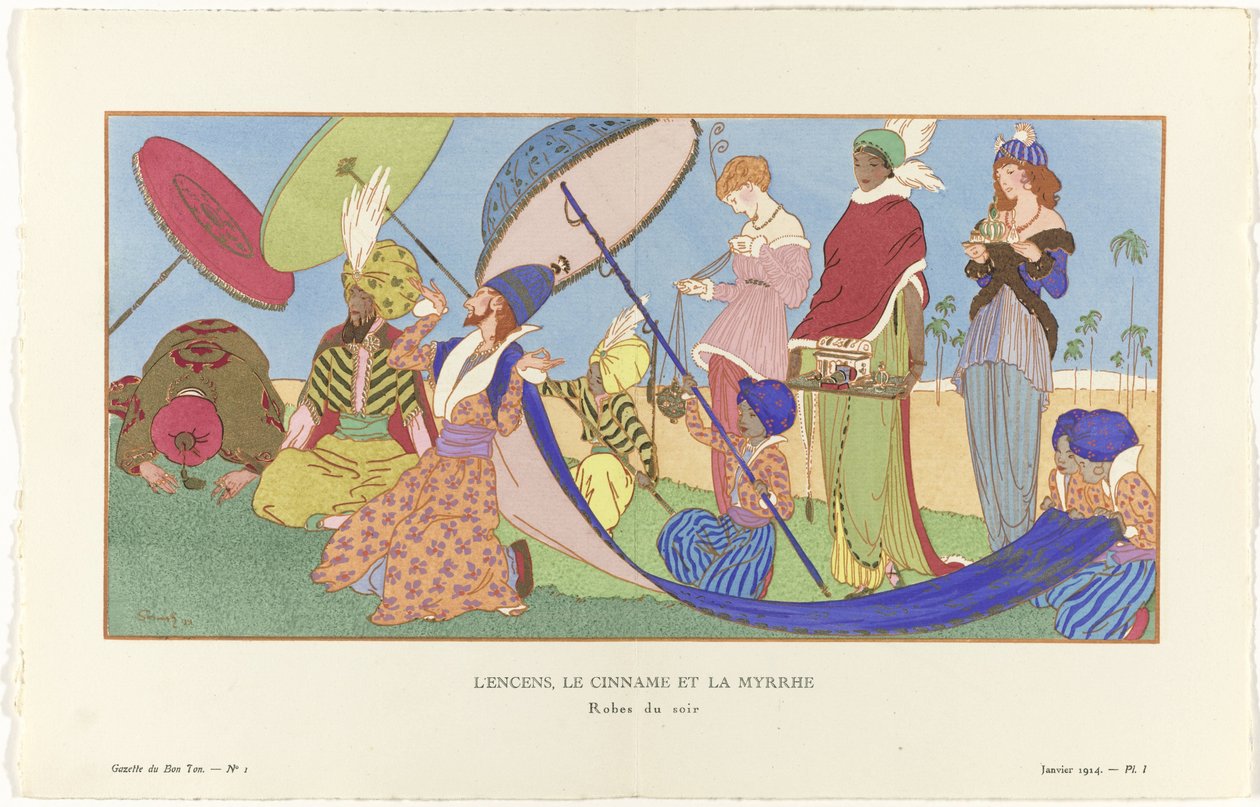 Gazette du Bon Ton, 1914 - č. 1, Pl. I: Kadidlo, Cinname a Myrha / Večerní šaty. (název na objektu) od Ludwik Strimpl