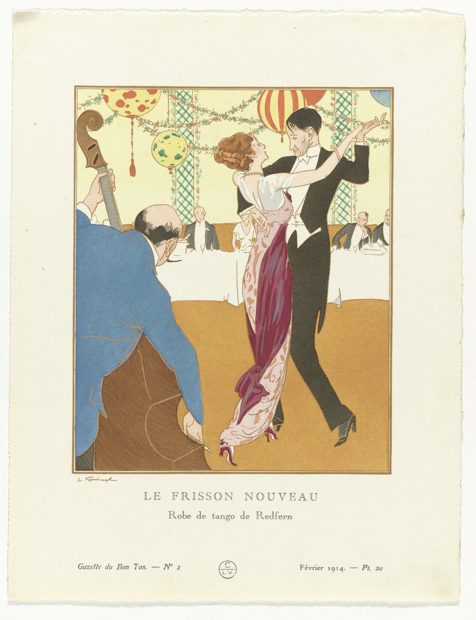 Gazette du Bon Ton. Umění – Modes & Frivolités: Večerní oblečení Nové Thrill: Tango Dress od Redferna (název na objektu) od Ludwik Strimpl