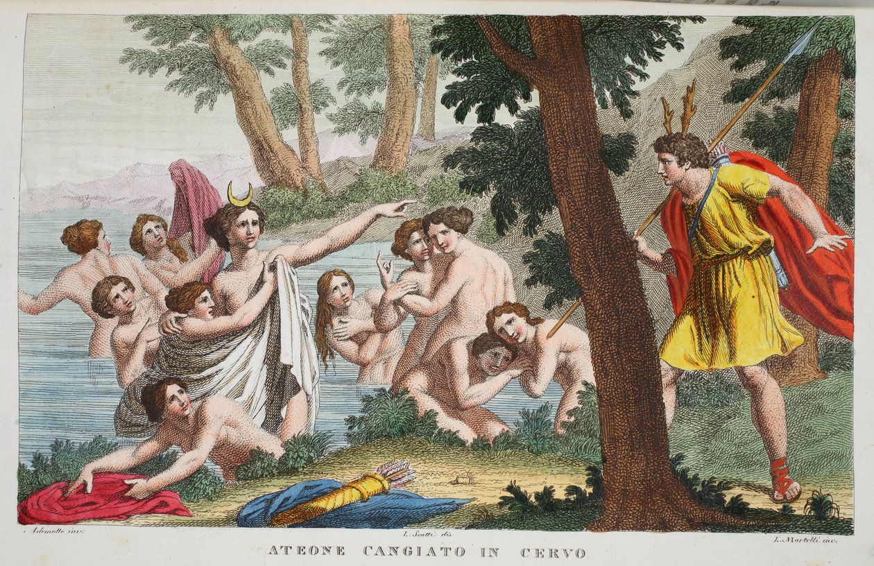 Actaeon into a Stag or Ateone Cangiato in Cervo, ilustrace z Ovidiových Metamorfóz, Florencie, 1832 (ručně kolorovaná rytina) od Luigi Ademollo