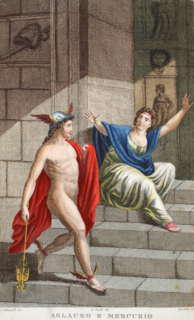 Aglauros a Merkur neboli Aglauro e Mercurio, ilustrace z Ovidiových Metamorfóz, Florencie, 1832 (ručně kolorovaná rytina) od Luigi Ademollo