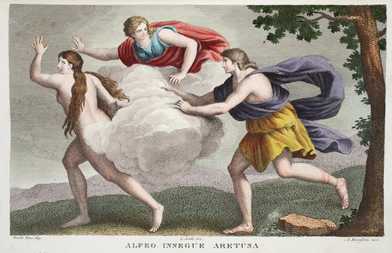Arethusa do fontány nebo Alfeo Insegue Aretusa, kniha V, ilustrace z Ovidiových metamorfóz, Florencie, 1832 (ručně kolorovaná rytina) od Luigi Ademollo