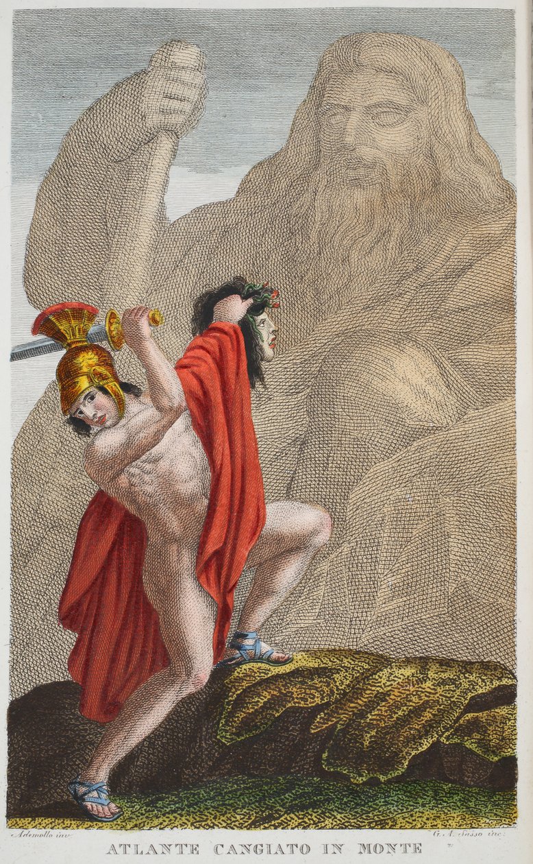 Atlas do hory nebo Atlante Cangiato in Monte, kniha IV, ilustrace z Ovidiových metamorfóz, Florencie, 1832 (ručně kolorovaná rytina) od Luigi Ademollo
