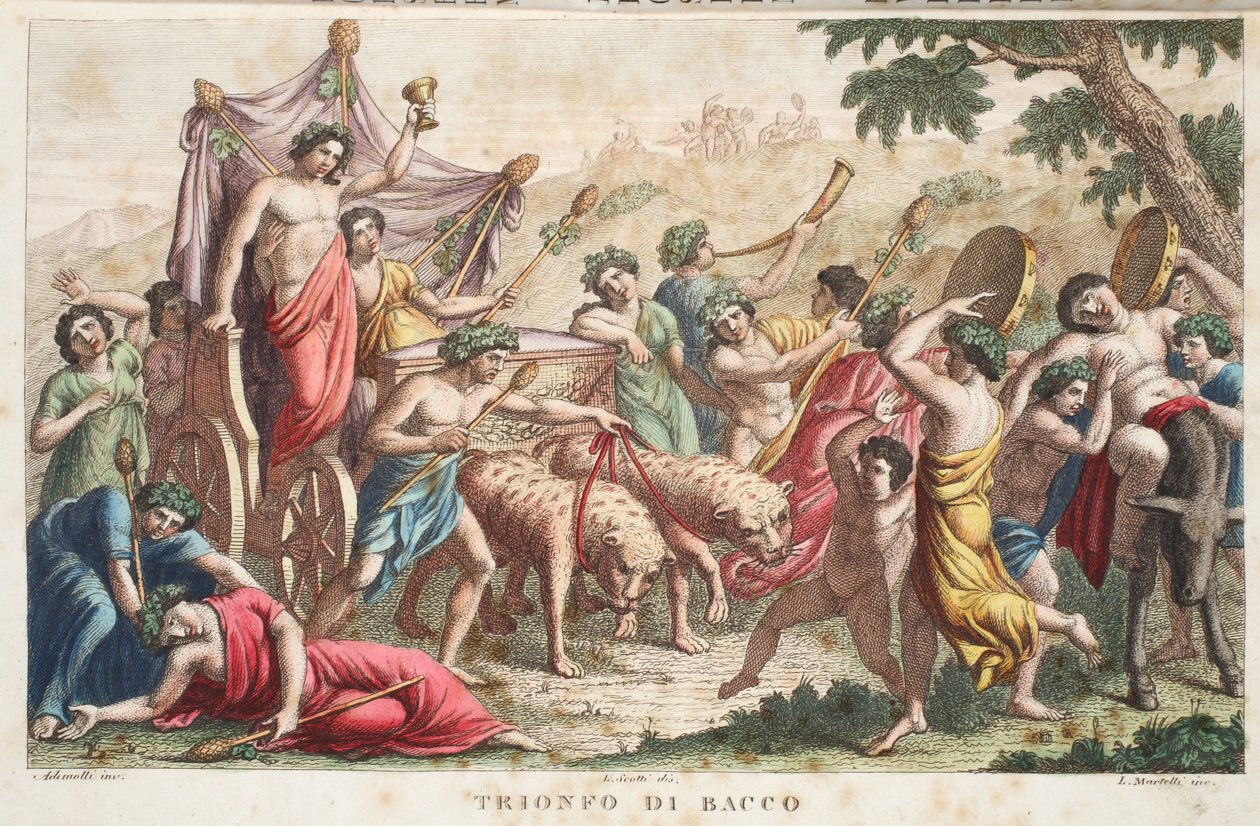 Bakchovy obřady neboli Triumf neboli Trionfo di Bacco, kniha III, ilustrace z Ovidiových Metamorfóz, Florencie, 1832 (ručně kolorovaná rytina) od Luigi Ademollo