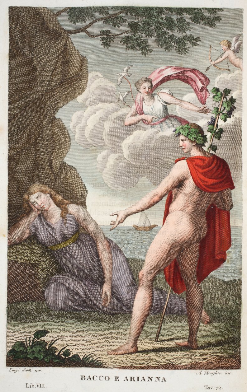 Bacchus a Ariadne nebo Bacco e Arianna, Kniha VIII, ilustrace z Ovidiových Metamorfóz, Florencie, 1832 (ručně kolorovaná rytina) od Luigi Ademollo