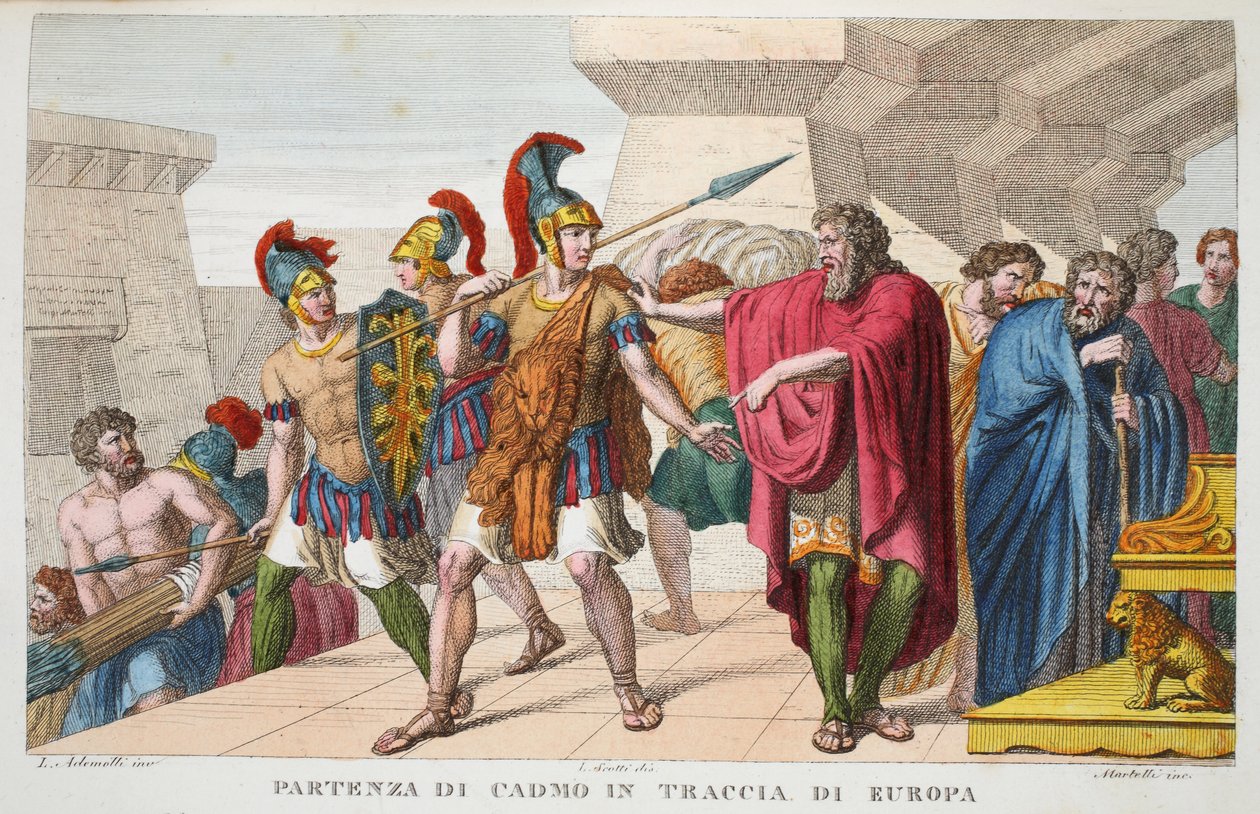 Cadmus Sets Out aneb Partenza de Cadmo in Traccia di Europa, Book III, ilustrace z Ovidiových Metamorphoses, Florencie, 1832 (ručně kolorovaná rytina) od Luigi Ademollo