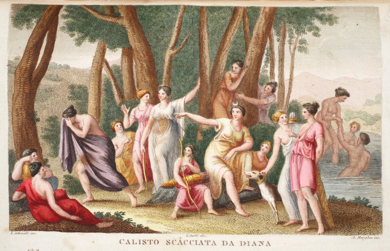 Callisto se promění v medvěda nebo Calisto Scacciata da Diana, ilustrace z Ovidiových Metamorphoses, Florencie, 1832 (ručně kolorovaná rytina) od Luigi Ademollo
