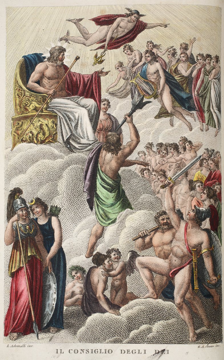 Rada bohů nebo Il Consiglio Degli Dei, Kniha I, ilustrace z Ovidiových Metamorfóz, Florencie, 1832 (ručně kolorovaná rytina) od Luigi Ademollo