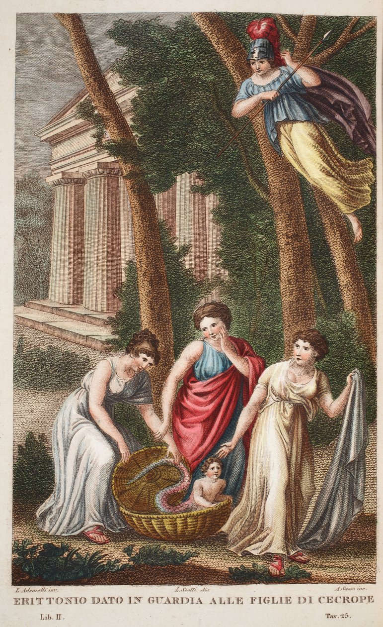 Erichthonius s dračími nohami nebo Erittonio data in Guardia alle Figlie de Cecrope, kniha II, ilustrace z Ovidiových Metamorfóz, Florencie, 1832 (ručně kolorovaná rytina) od Luigi Ademollo