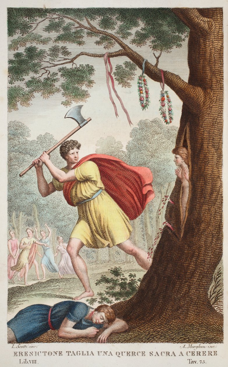 Erysichthonova pýcha nebo Eresicton Taglia una Querce sacra a Cerere, kniha VIII, ilustrace z Ovidiových metamorfóz, Florencie, 1832 (ručně kolorovaná rytina) od Luigi Ademollo