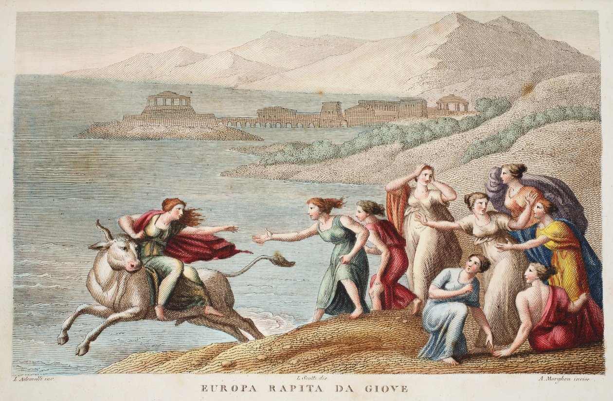 Europa nebo Europa Rapita da Giove, ilustrace z Ovidiových Metamorfóz, Florencie, 1832 (ručně kolorovaná rytina) od Luigi Ademollo