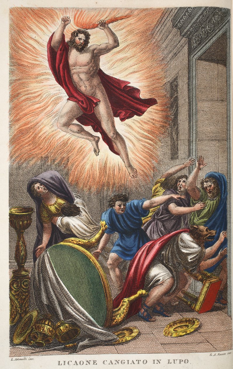 Lycaon do vlka nebo Licaone Cangiato in Lupo, ilustrace z Ovidiových Metamorphoses, Florencie, 1832 (ručně kolorovaná rytina) od Luigi Ademollo
