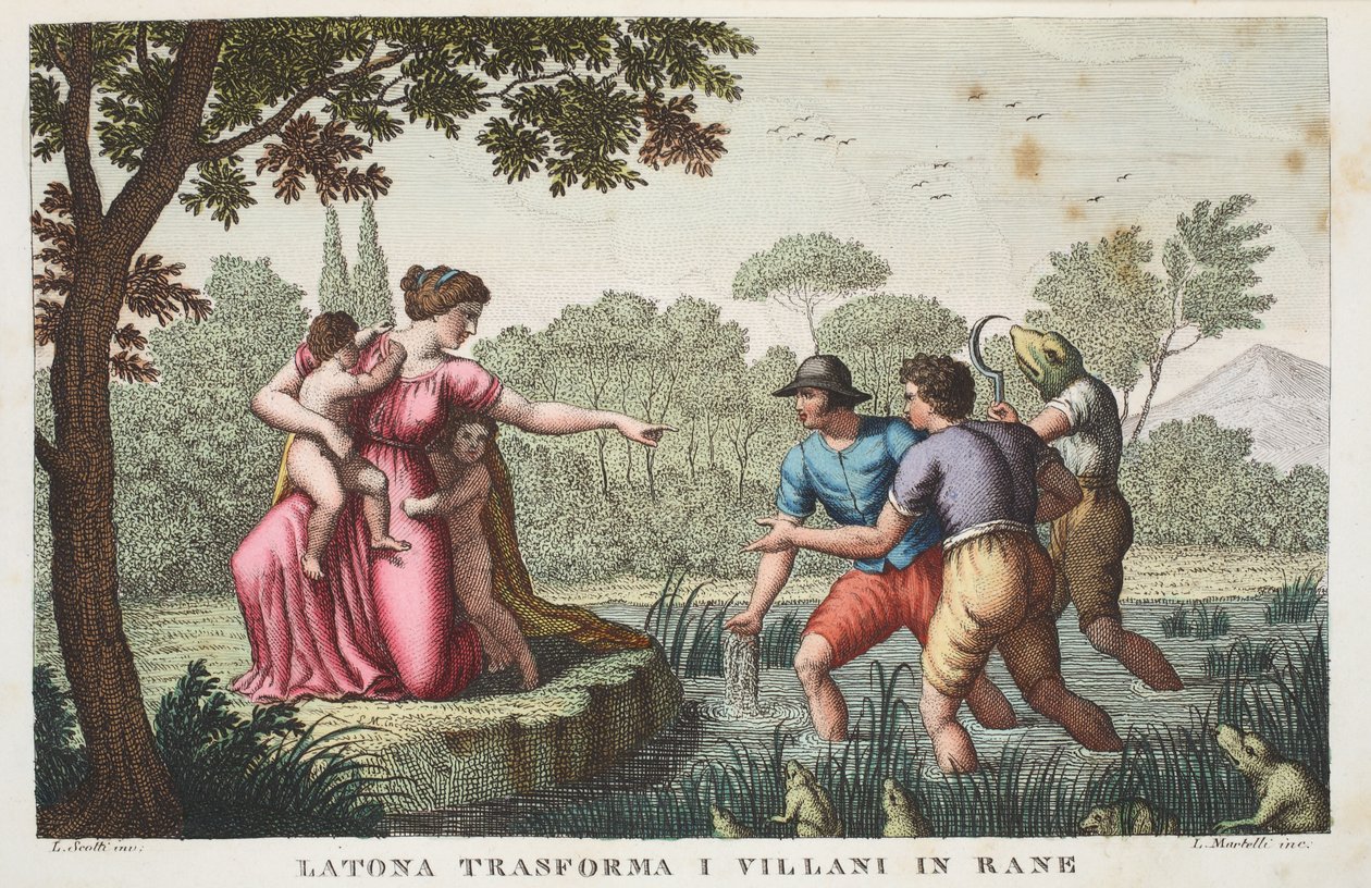 Lycijská rustika do žab nebo Latona transforma I Villani in Rane, kniha VI, ilustrace z Ovidiových metamorfóz, Florencie, 1832 (ručně kolorovaná rytina) od Luigi Ademollo