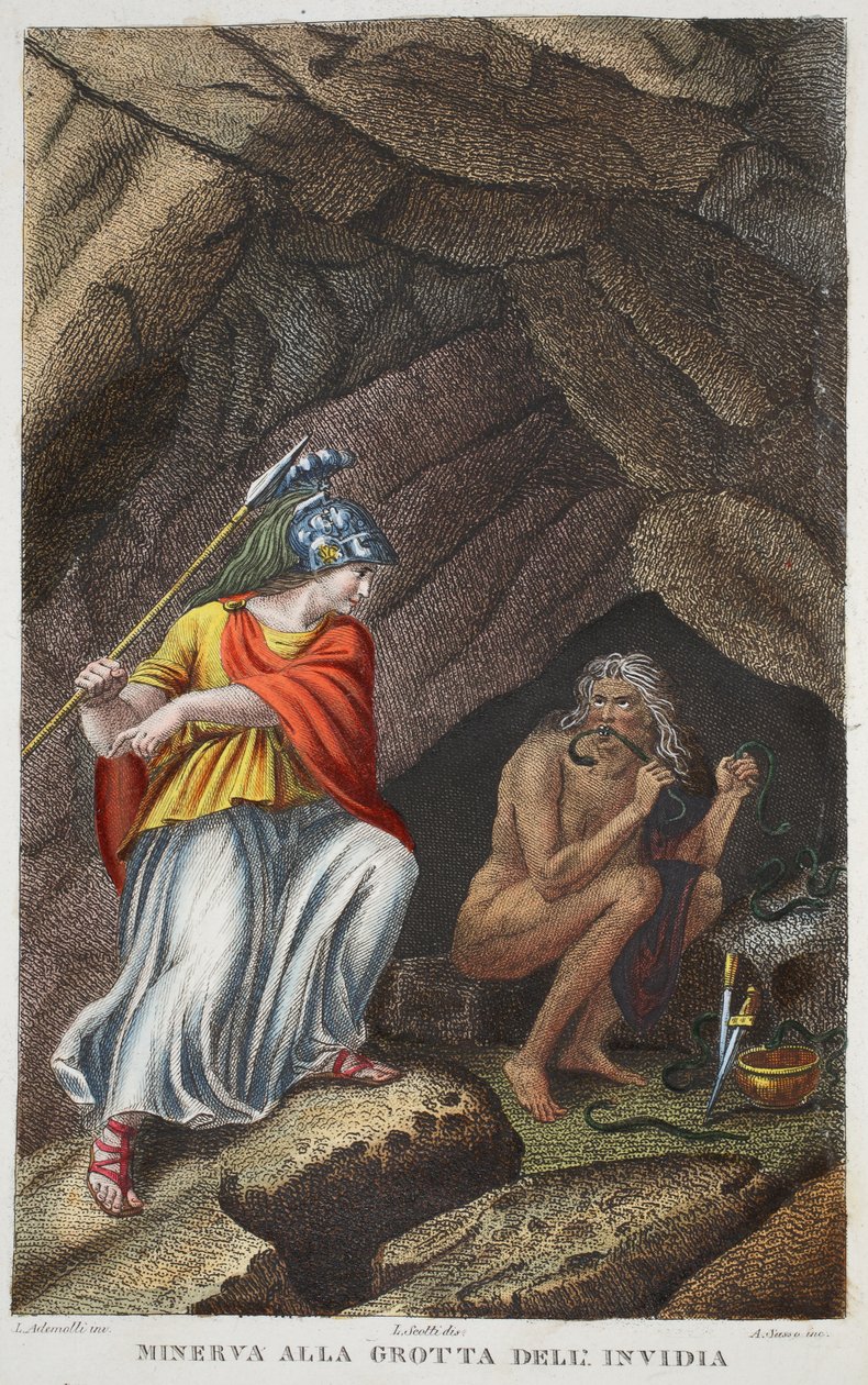 Minerva navštěvuje Envy nebo Minerva all Grotta deli Invidia, ilustrace z Ovidiových Metamorphoses, Florencie, 1832 (ručně kolorovaná rytina) od Luigi Ademollo