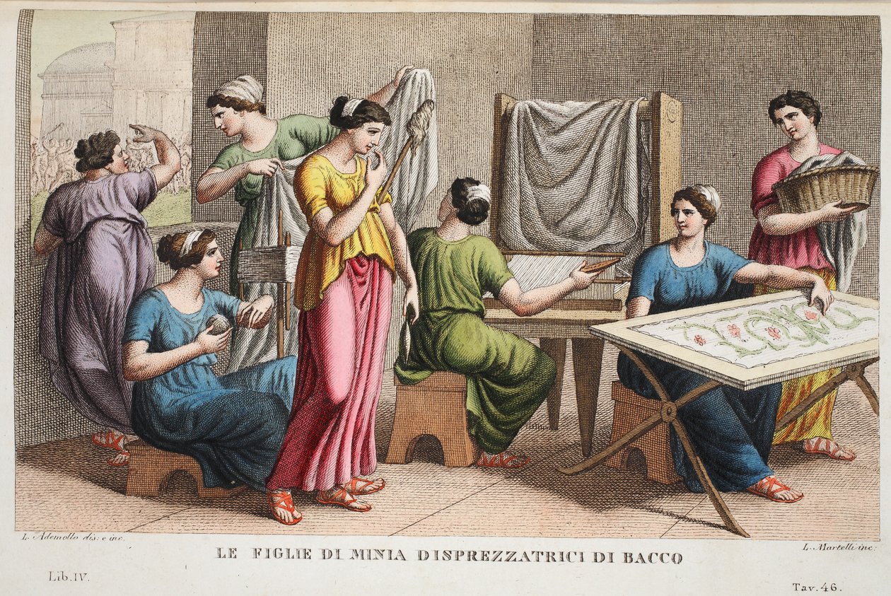 Minyades nebo Figlie di Minia Disprezzatrici di Bacco, kniha IV, ilustrace z Ovidiových metamorfóz, Florencie, 1832 (ručně kolorovaná rytina) od Luigi Ademollo