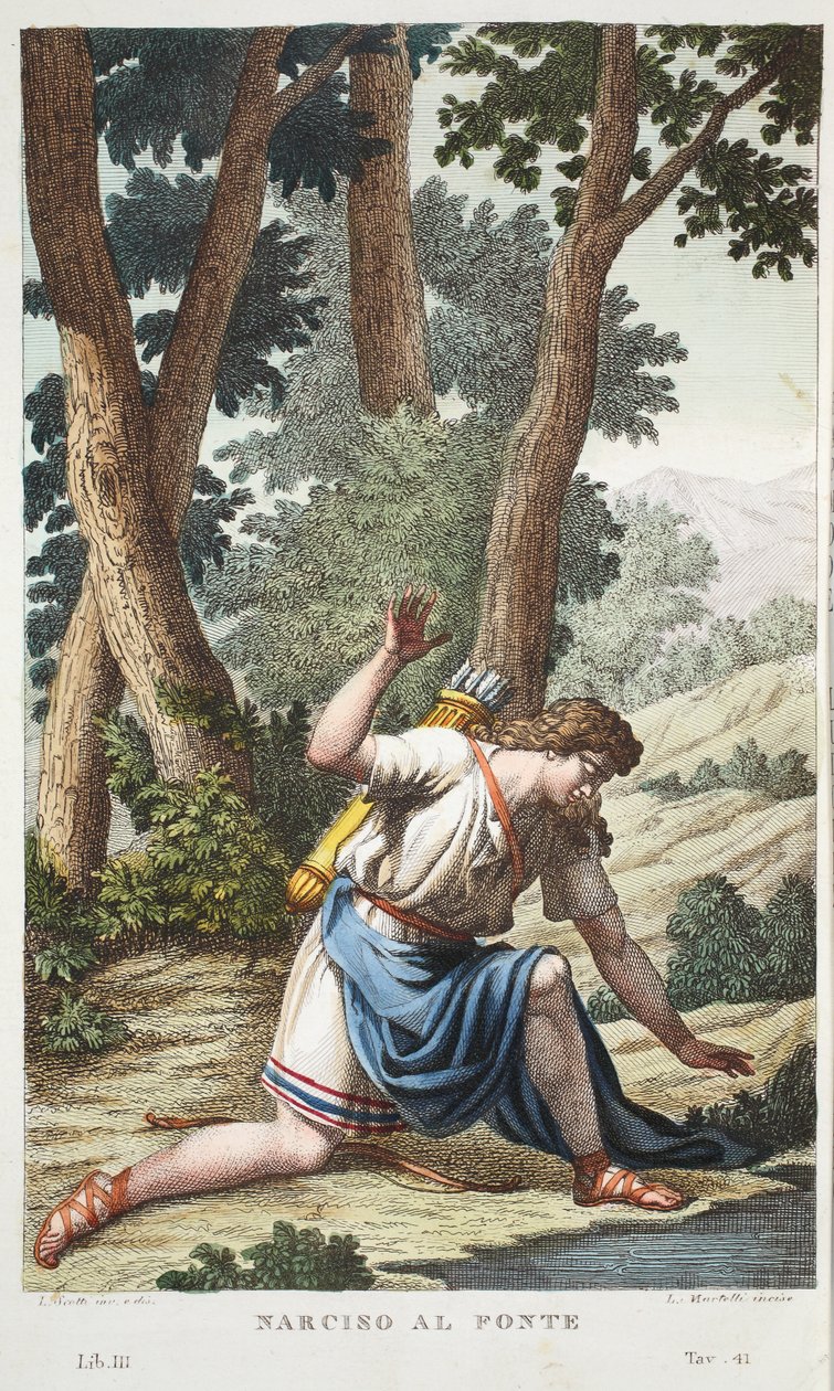 Narcis do květu nebo Narciso al Fonte, kniha III, ilustrace z Ovidiových Metamorfóz, Florencie, 1832 (ručně kolorovaná rytina) od Luigi Ademollo