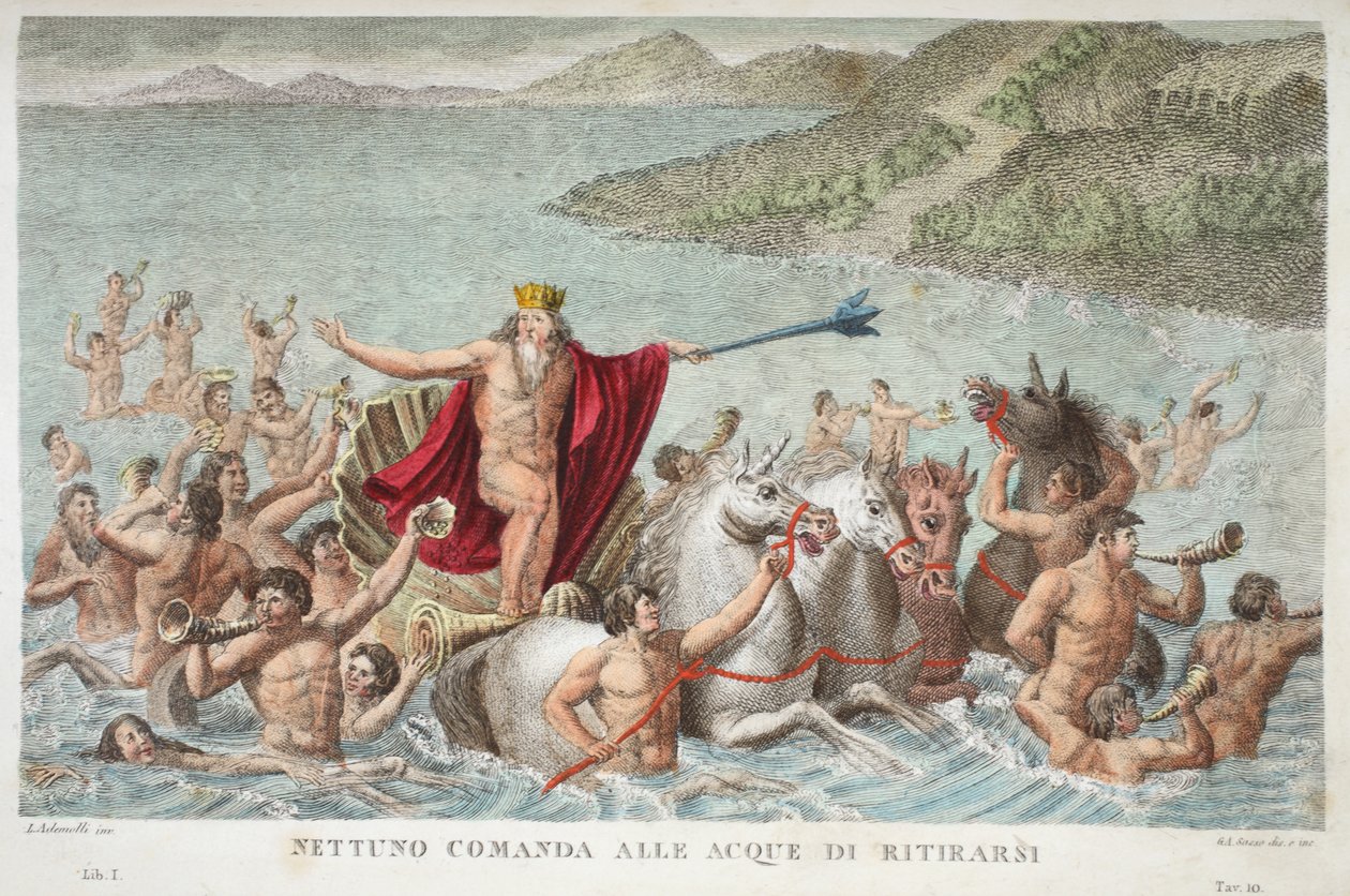 Neptun Calming the Waves nebo Nettuno Comanda alle Acque di Ritirarsi, Kniha I, ilustrace z Ovidiových Metamorphoses, Florencie, 1832 (ručně kolorovaná rytina) od Luigi Ademollo