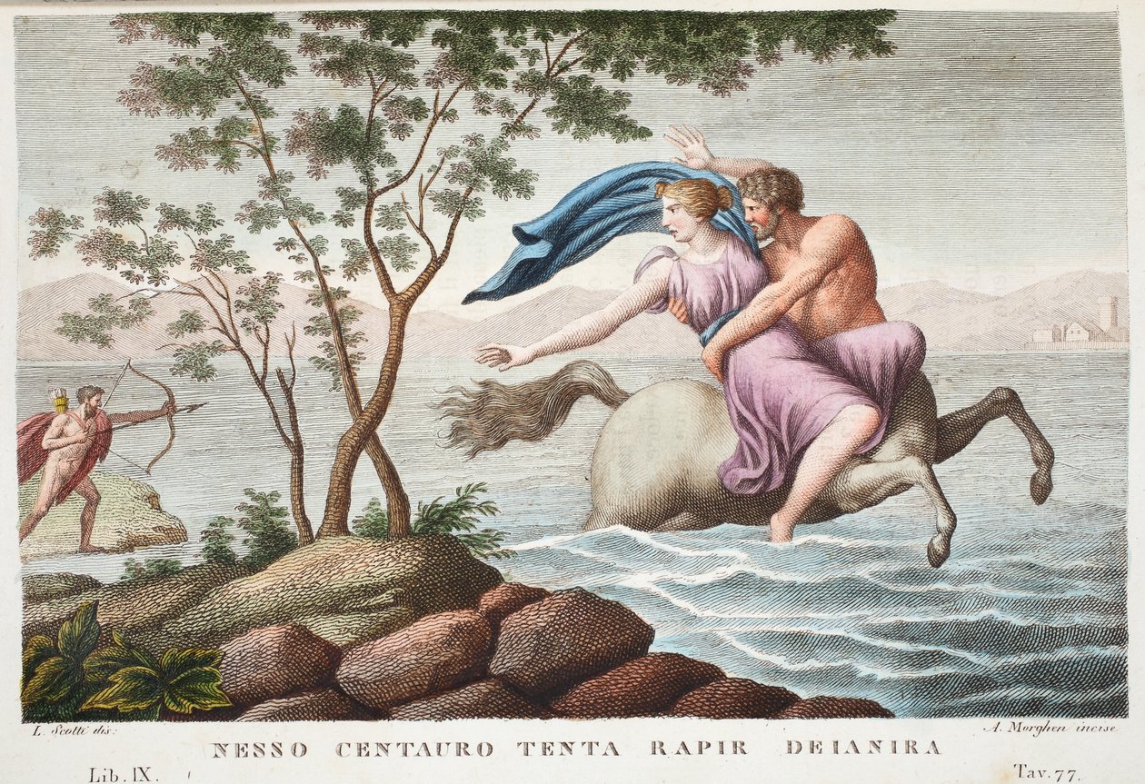 Nessus a Deianira nebo Nesso Centauro tenta rapir Deianira, Kniha IX, ilustrace z Ovidiových metamorfóz, Florencie, 1832 (ručně kolorovaná rytina) od Luigi Ademollo