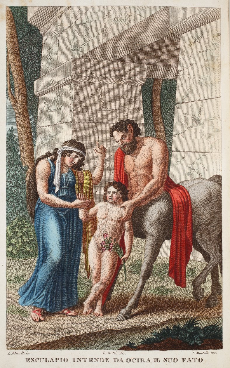 Ocyrrhoe into a Mare nebo Esculapio intende da Ocira il Suo Fato, ilustrace z Ovidiových Metamorphoses, Florencie, 1832 (ručně kolorovaná rytina) od Luigi Ademollo