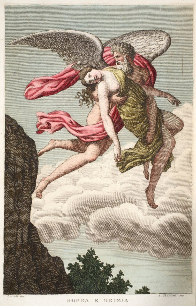 Orithyia je znásilněna Boreasem nebo Borea e Orizia, Kniha VI, ilustrace z Ovidiových metamorfóz, Florencie, 1832 (ručně kolorovaná rytina) od Luigi Ademollo